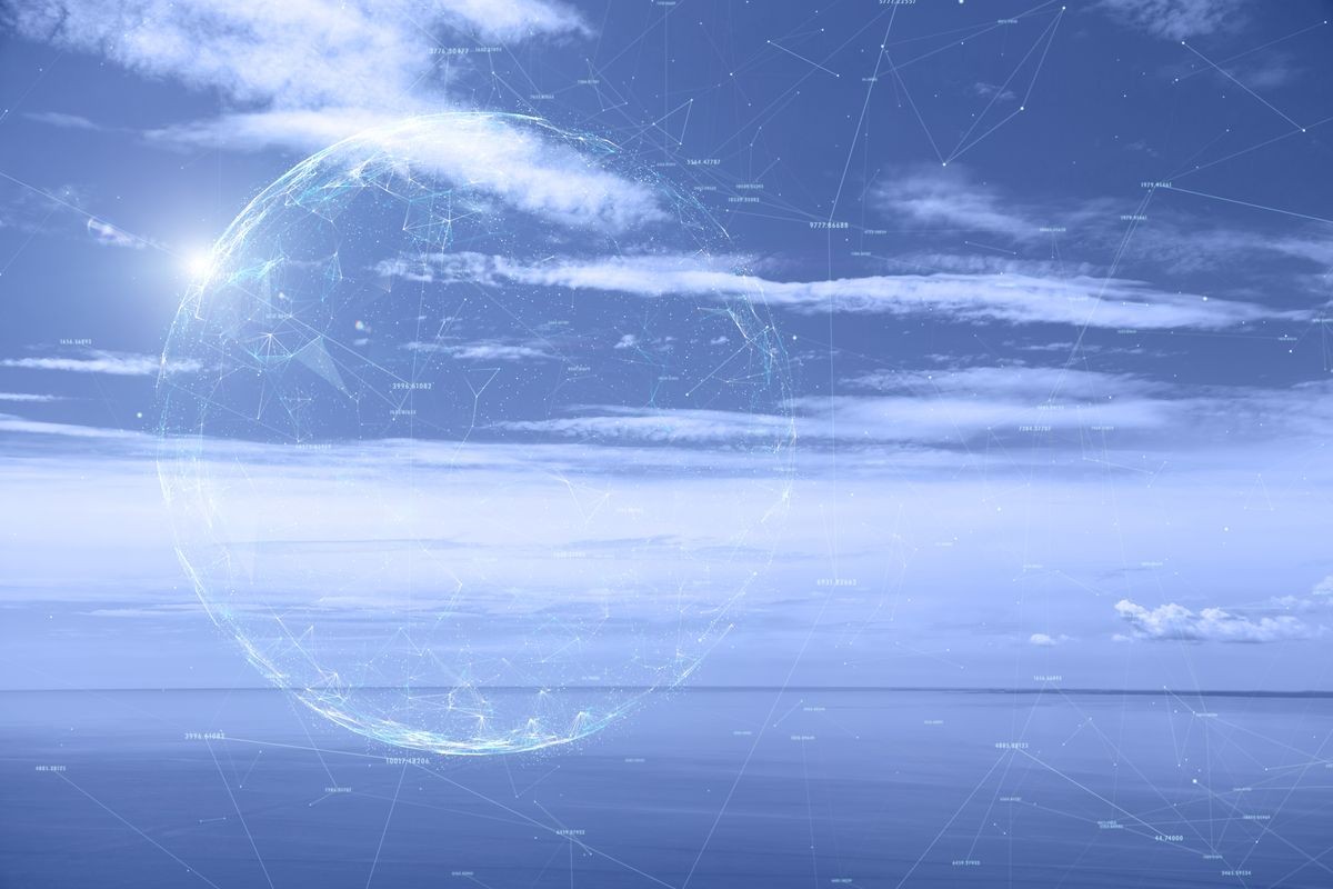 Artistic digital network sphere on seascape with sky background. 